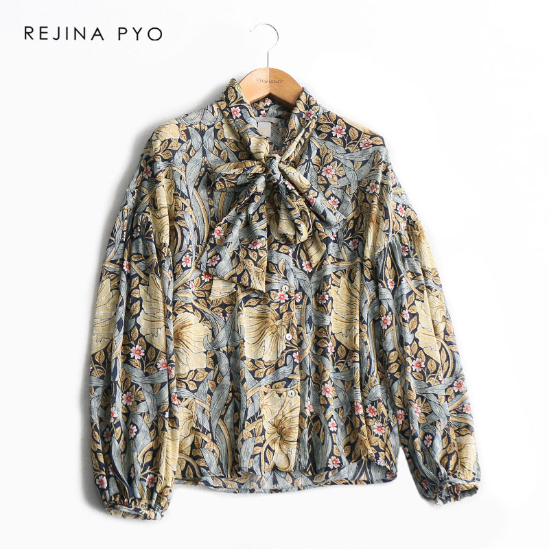 

REJINAPYO Women Indie Folk Floral Printed Chiffon Shirt Bow Stand Collar Womens Casual Loose Shirt Blouse Blusa New Arrival, As pic