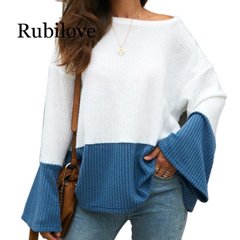 

Women Sweater Pullover Knitted Jumper Fluffy Cold Shoulder Ladies Sweaters Patchwork Flare Sleeve Volumetric Sweater Autumn, Blue