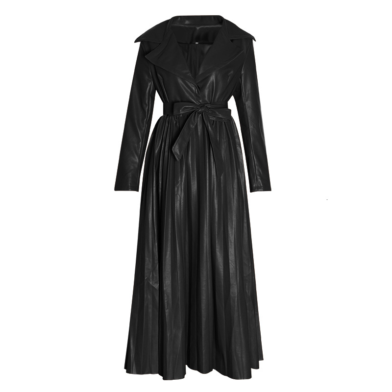 

2020 Autumn Runway Woman PU Leather Coats High Waist Long Sleeve Pleated Sashes Elegant Tops, Black