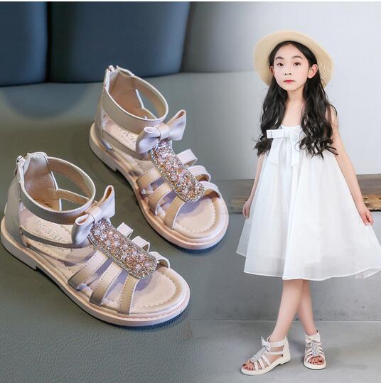 

2020 kids summer shoes little girl sandals leather big kids fashion bow princess beach sandals 3 4 5 6 7 8 9 10 12, Black
