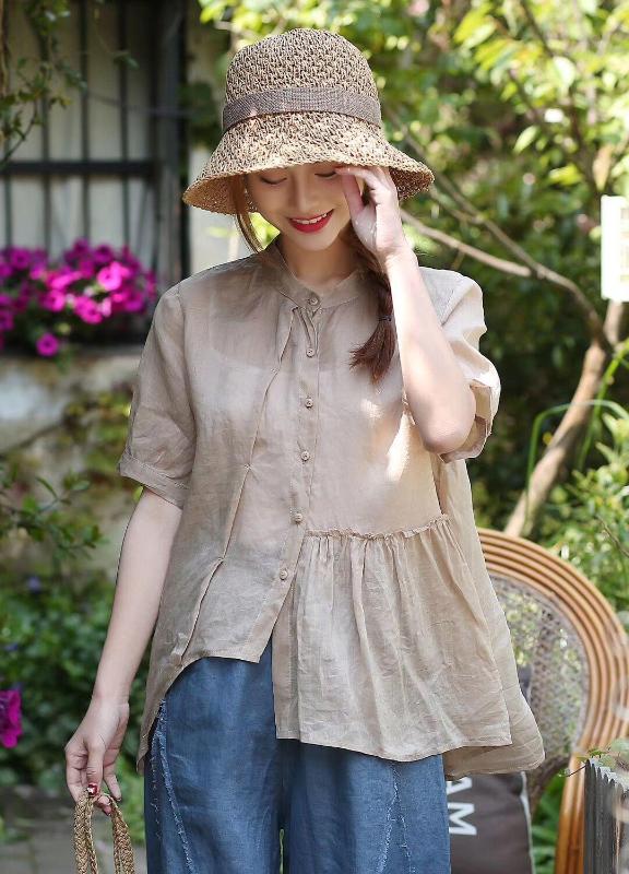 

Literary creation summer new retro lace stitching irregular short-sleeved shirt silk and linen personality shirt female 2020, Khaki