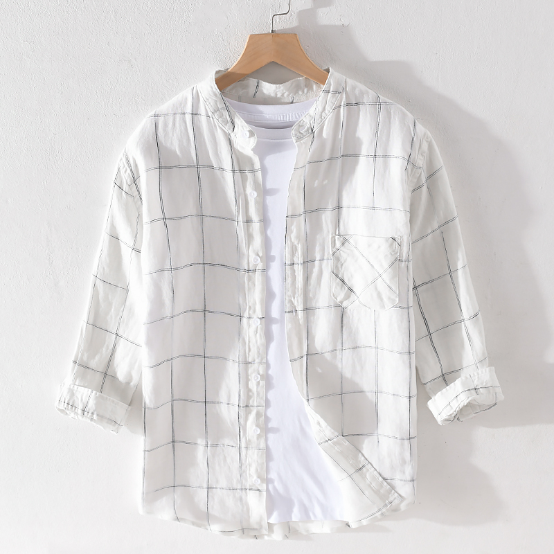 

Three-quarter sleeved large plaid pure linen shirt men brand fashion stand collar shirts for men casual fashion shirt mens, Black