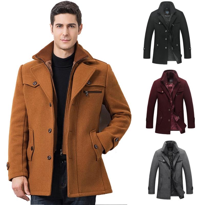 

2020 Fashion new Mens Winter Thickened Warm Woolen Coat Solid Color Business Casual Trench Coat, Black