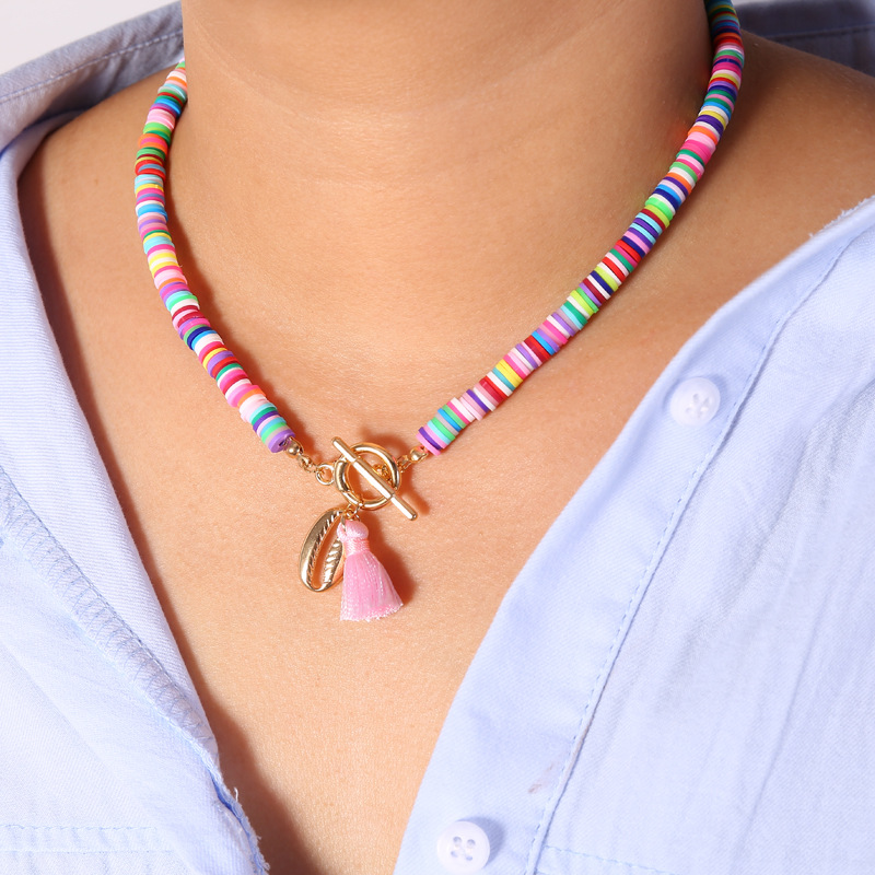 

Women's Necklace Bohemia Colorful O-Chain Shell Tassel Charm Necklace Soft Clay Beaded Choker Beach Party Jewelry Gift