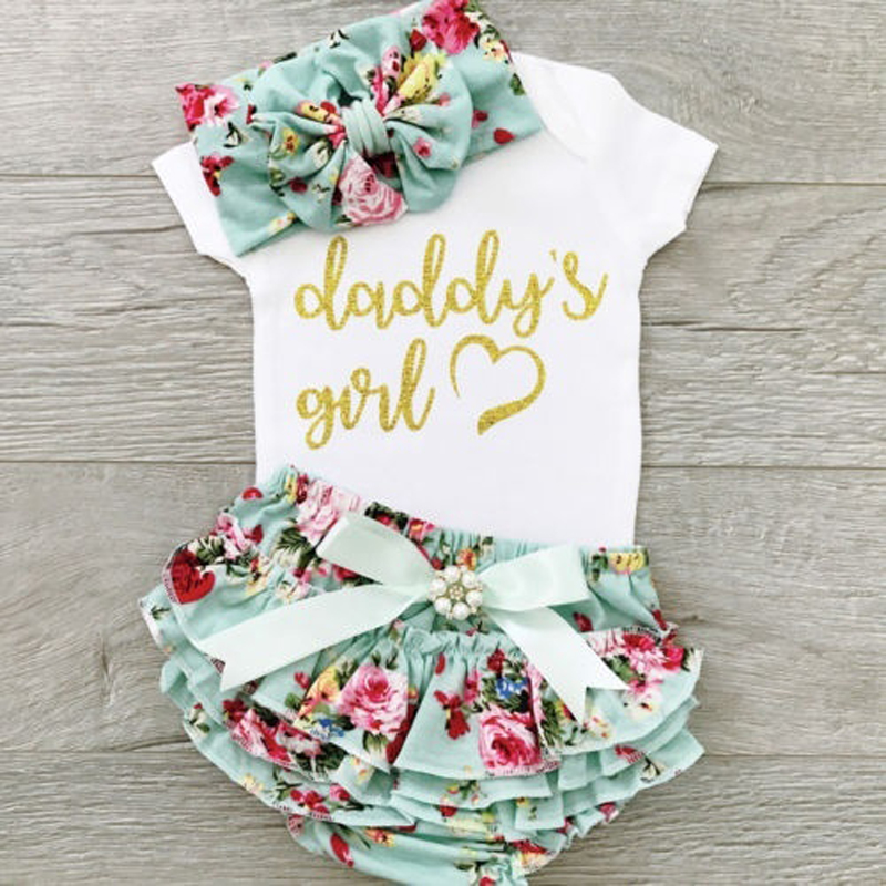 0-24M Letter printed Short Sleeve Bodysuits+Flower Ruffle Shorts +Headband 3pcs clothing Set for New born infant baby girls-image-547064254