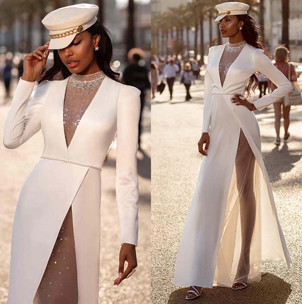 

2020 Elegant White Long Sleeves High Split Evening Dresses Sheer V Neck Satin Illusion Formal Party Prom Dresses Robe de soiree With Buttons, Khaki