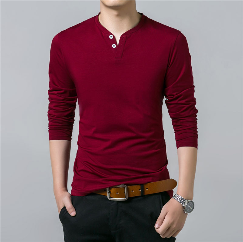 

Fashion Male T-Shirt Men Spring Summer New Long Sleeve Henry Collar T Shirt Men Soft Pure Cotton Slim Fit Tee Shirts Men's Clothing, C1