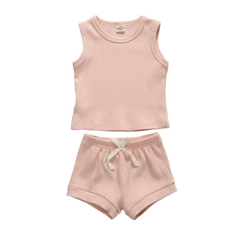 

2020 Baby Summer Clothing 2Pcs Newborn Infant Baby Girl Clothes Sleeveless Top Shorts Cotton Ribbed Outfits, Beige