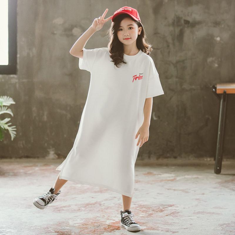 

YourSeason 2020 Summer Girls Long Blouse Dresses Korean Simple Teen Kids Letter Printing Dress Loose Baby Casual White Clothes, Gray