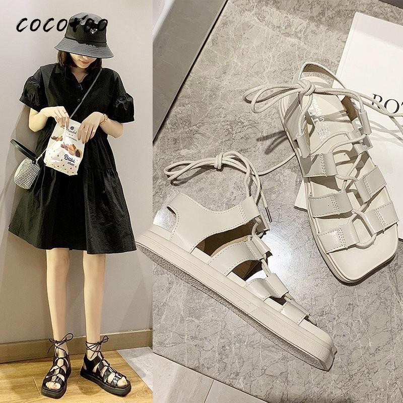 

2020 Summer Burst Ins Sandals Female Fairy Wind Cross Strap Retro Student Lace-up Roman Style Comfortable Beach Sandals, Beige