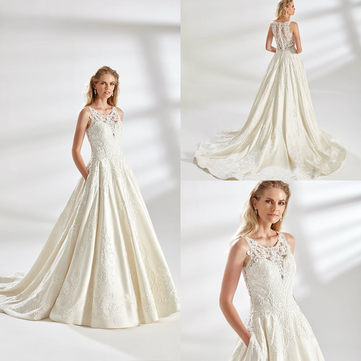 

2020 Eddy K Wedding Dresses Jewel Neck A Line Sweep Train Lace Appliques Robe De Mariee Customize Bohemian Country Bridal Gowns, White