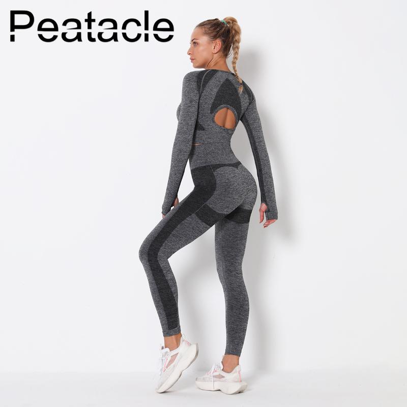 

Peatacle Seamless Hollow Yoga Suit Sport High Waist Tight Fitness Tops Leggings Set 2 Piece Workout Clothes for Women Gym Outfit, Black
