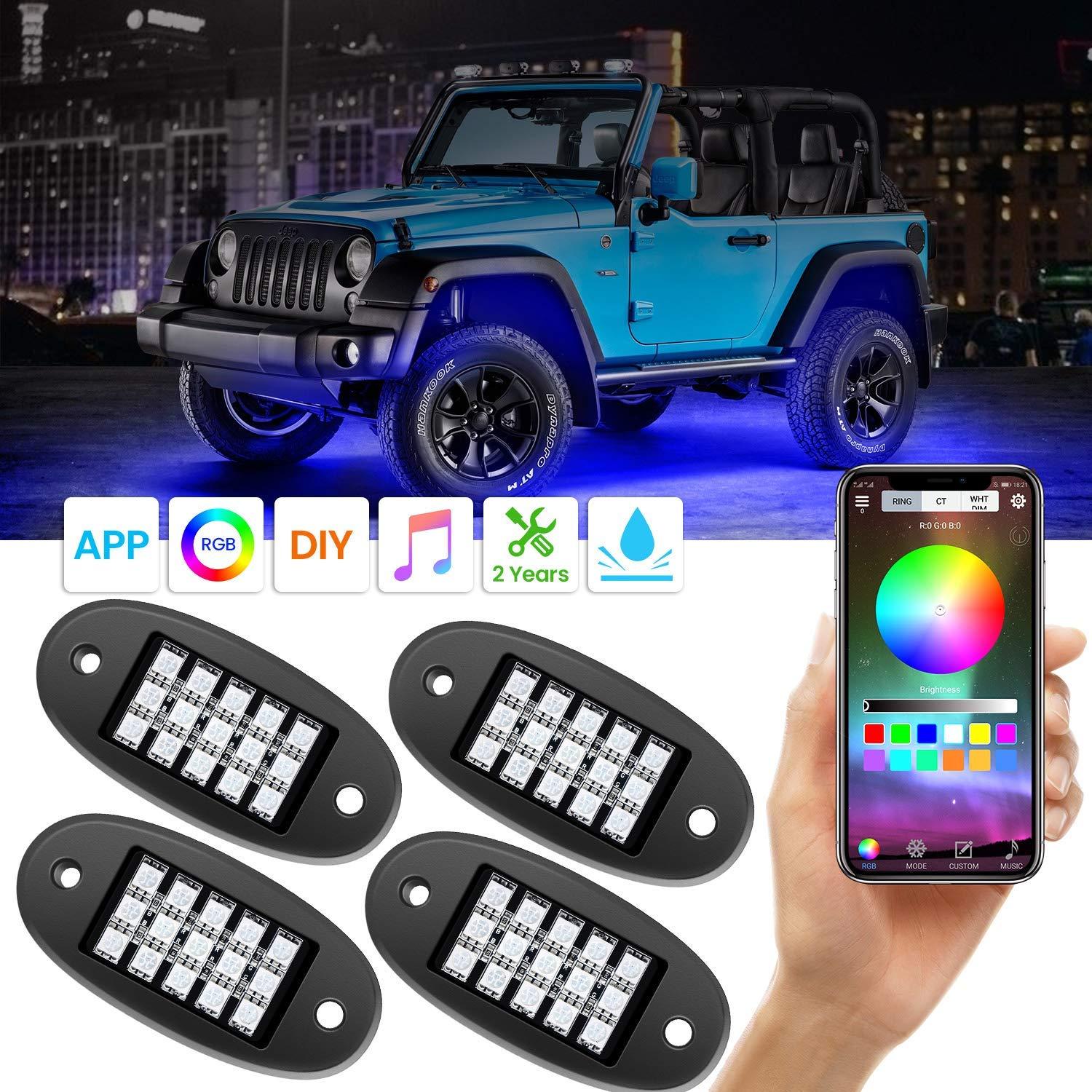 4 Pods RGB LED Rock Lights Multicolor Underglow Underbody Neon LED Light Kit for Jeep ATV SUV Offroad Truck Boat