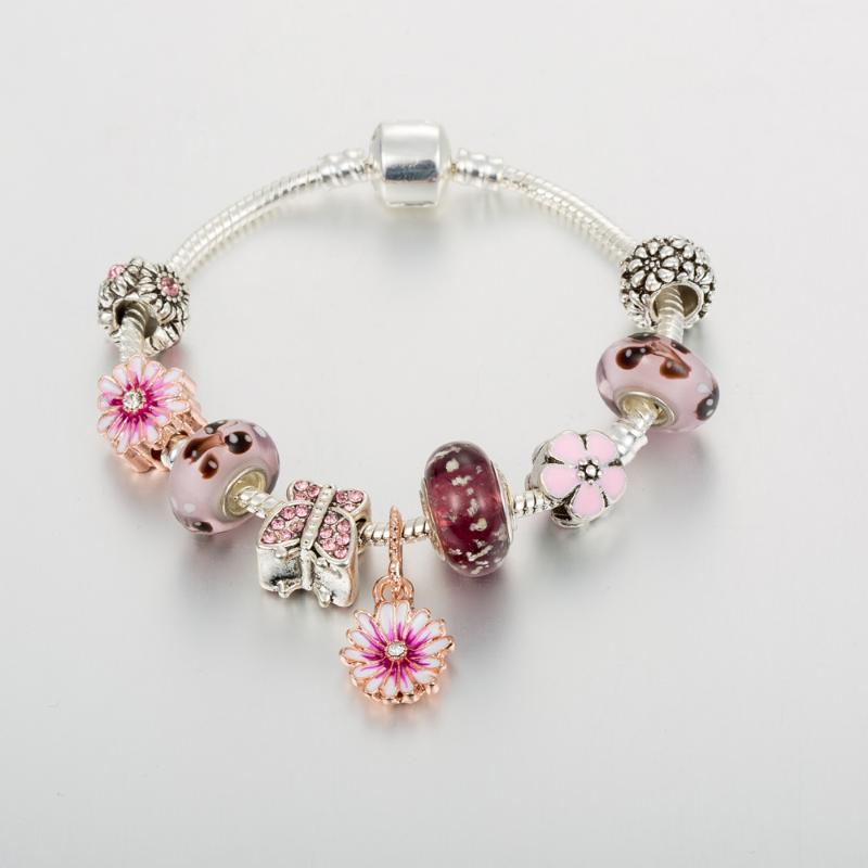 

ANNAPAER 2020 Daisy Butterfly Charm Beads Pink Flower Bracelets Bangles For Women Fit Original Bracelet DIY Jewelry Gift B20009
