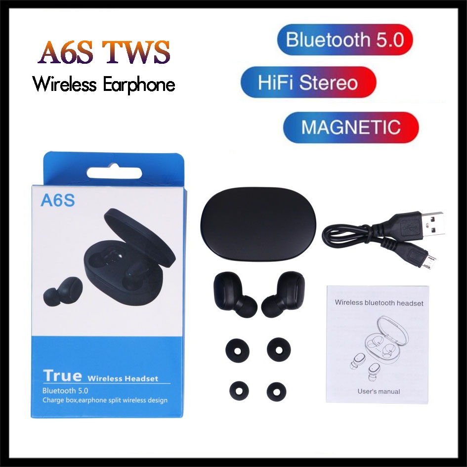 

Earphone TWS A6S Headphone 5 Colors Bluetooth 5.0 Earbuds Bluetooth Headset with Mic for Xiaomi Huawei Samsung Smart Phones, Black