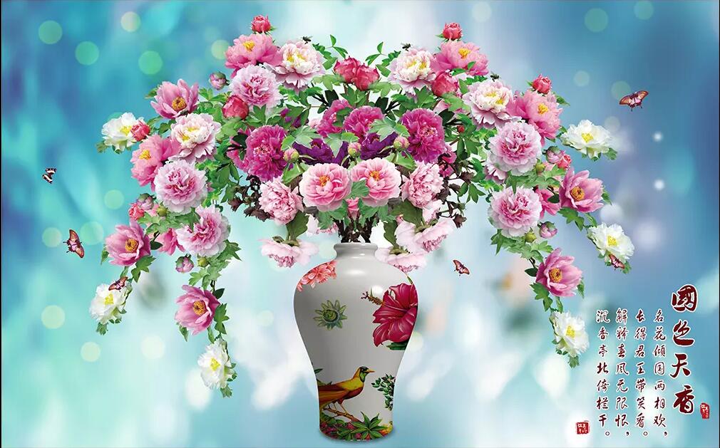 

WDBH 3d photo wallpaper custom mural Chinese vase illustration HD Peony flower painting home decor living room wallpaper for walls 3 d, Non-woven