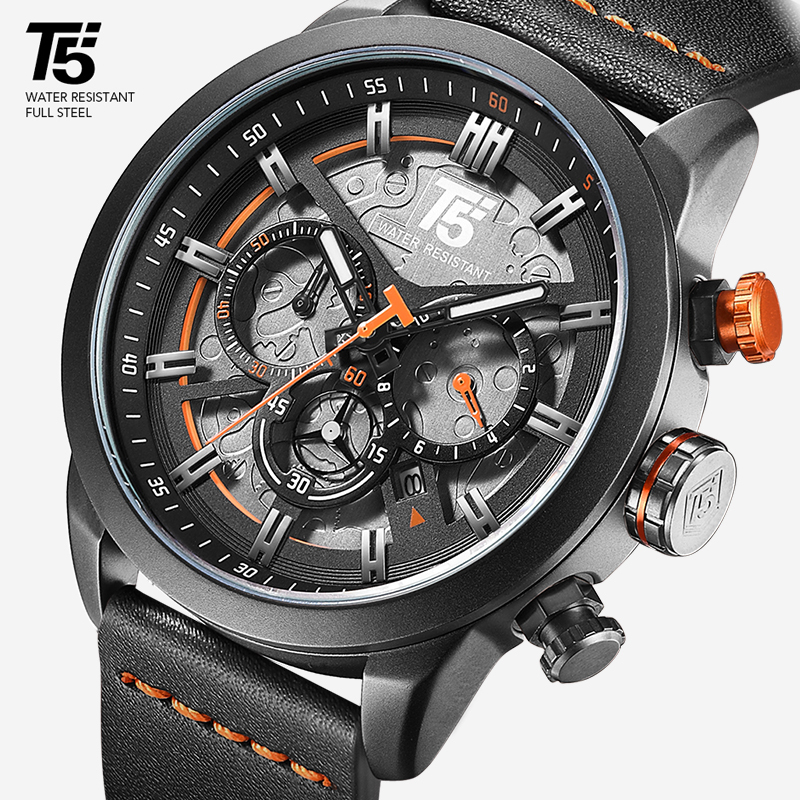 

T5 Brand Luxury Male Watch Man Military Quartz Sport Wrist Watch Men Chronograph Waterproof Mens Watches Sport Wristwatches, Black