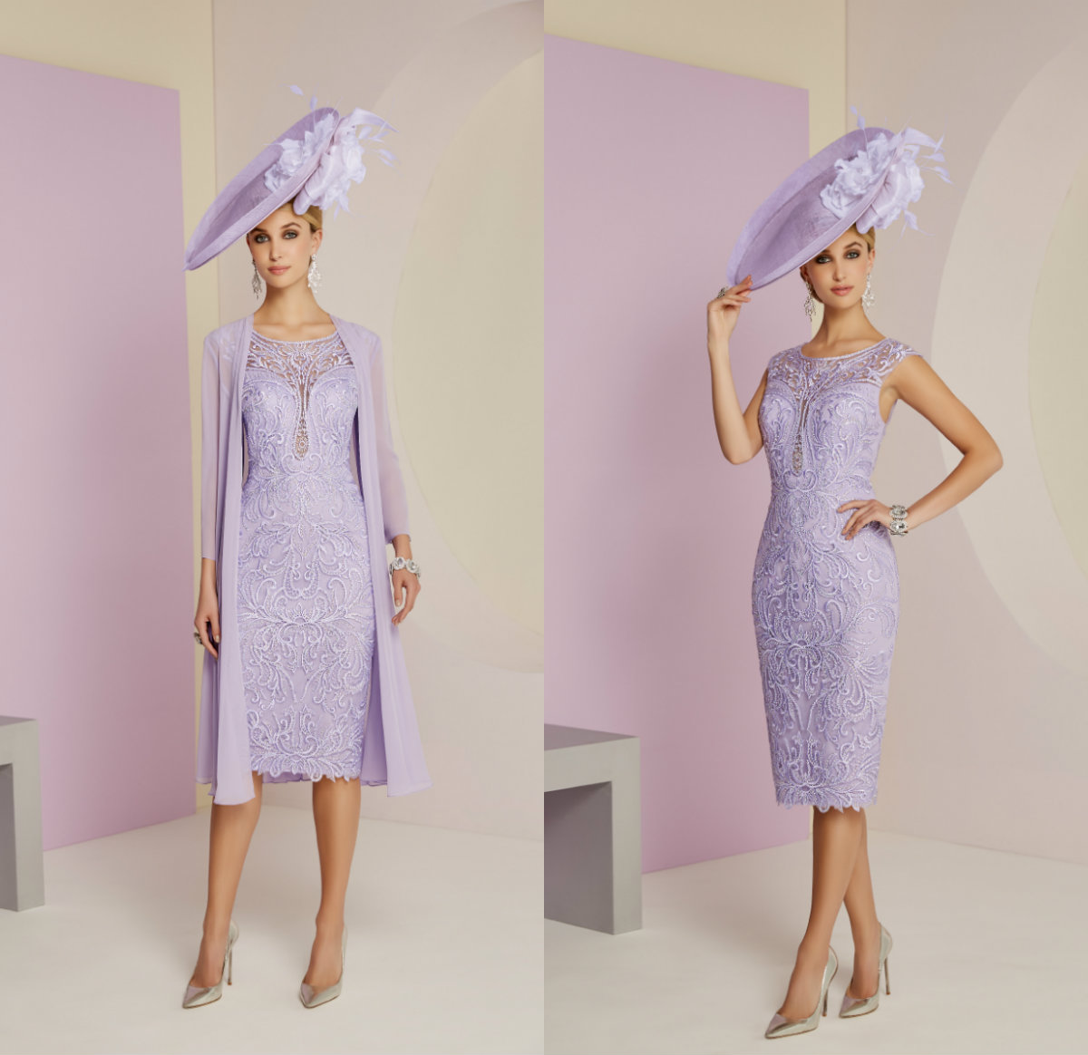 

2019 Lavender Mother of the Bride Dresses with Long Jacket Jewel Neck Chiffon Evening Gowns Under Knee Length A-Line Wedding Guest Dress