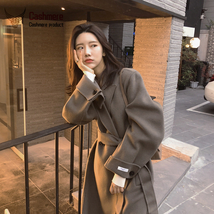 

Women' coat 100% wool double-sided wool coat women autumn winter long lapel loose woolen Korean casual jacket women, Gray