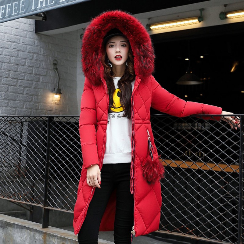 

ROPALIA Big fur coat thickened parka women stitching slim long winter coat down cotton ladies down parka jacket women, Pink