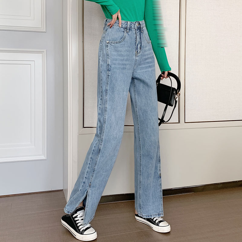 

New Women' Jeans 2020 Spring Korean High Waist Split Wide Leg Pants Mop Pants Trousers, Blue