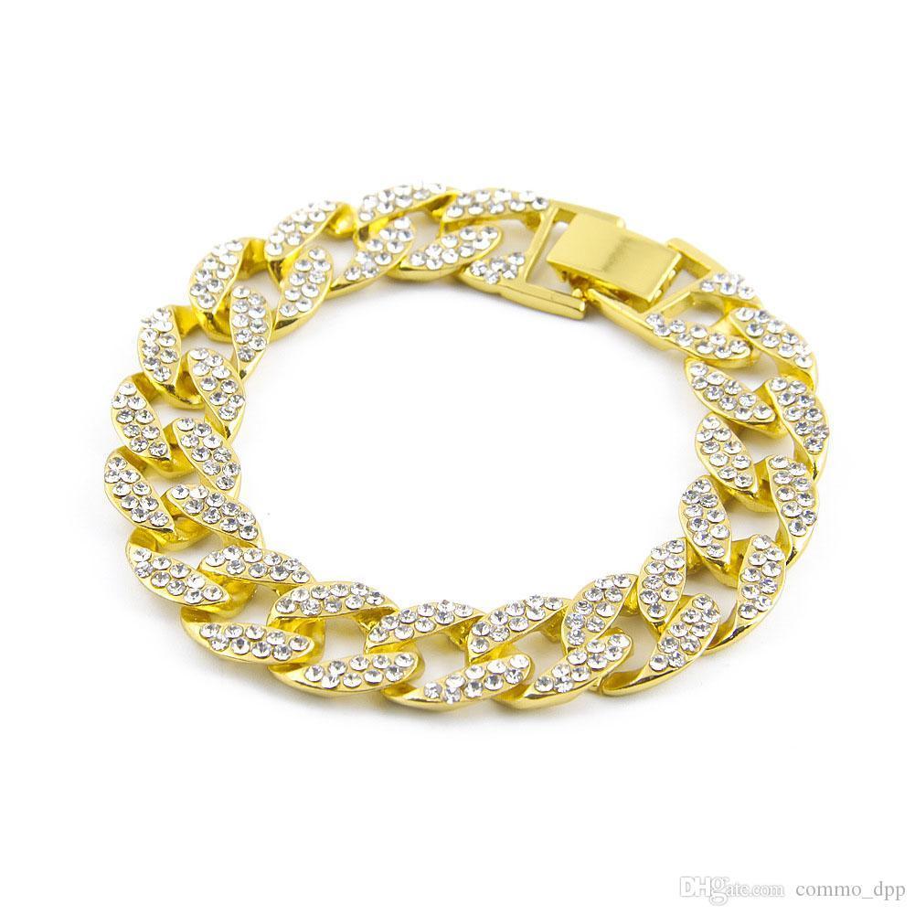 

Hip Hop Iced Out Rhinestone Bracelets Bangle Mens Gold Filled Miami Cuban Link 8 Inch Chains For Man High Quality Fashion Jewelry Gift