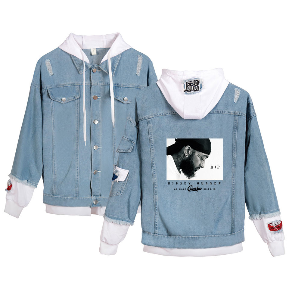 

Fashion- Men Teenager Rapper Coats nipsey hussle Denim Jackets Hooded Fake 2pcs R.I.P Hiphop Casual Street Jacket