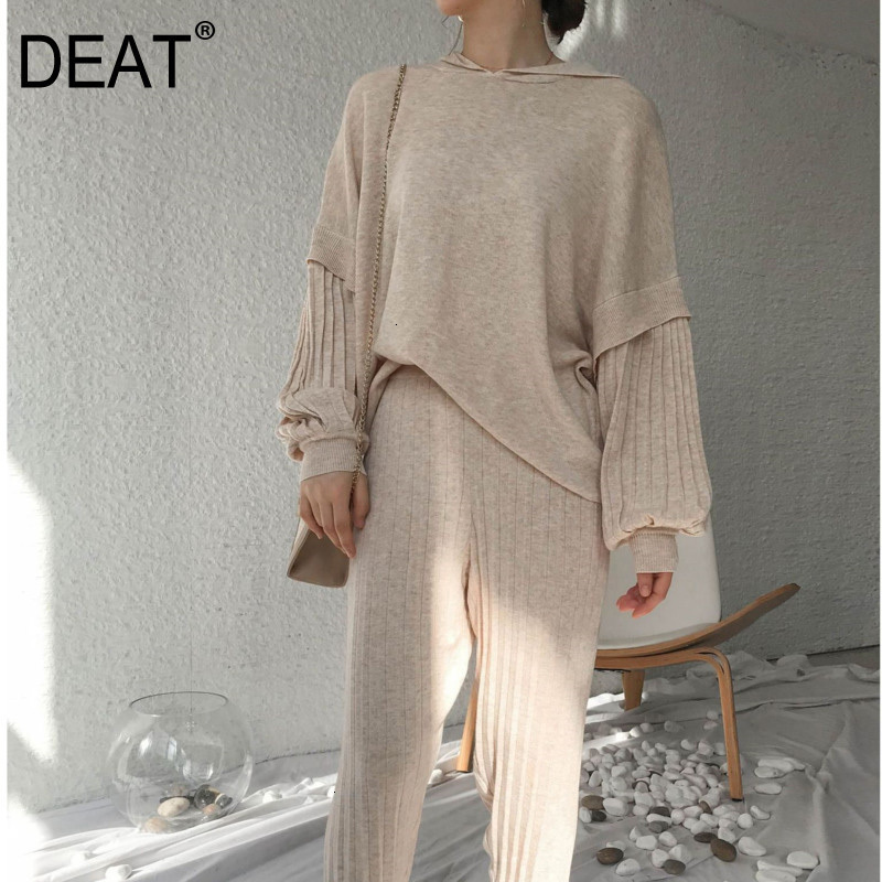 

DEAT Leisure Lantern Sleeve V Neck Loose Plus Size Solid sweater Striped Full Pants Two Piece Set 2020 spring Winter New TD639, Beige