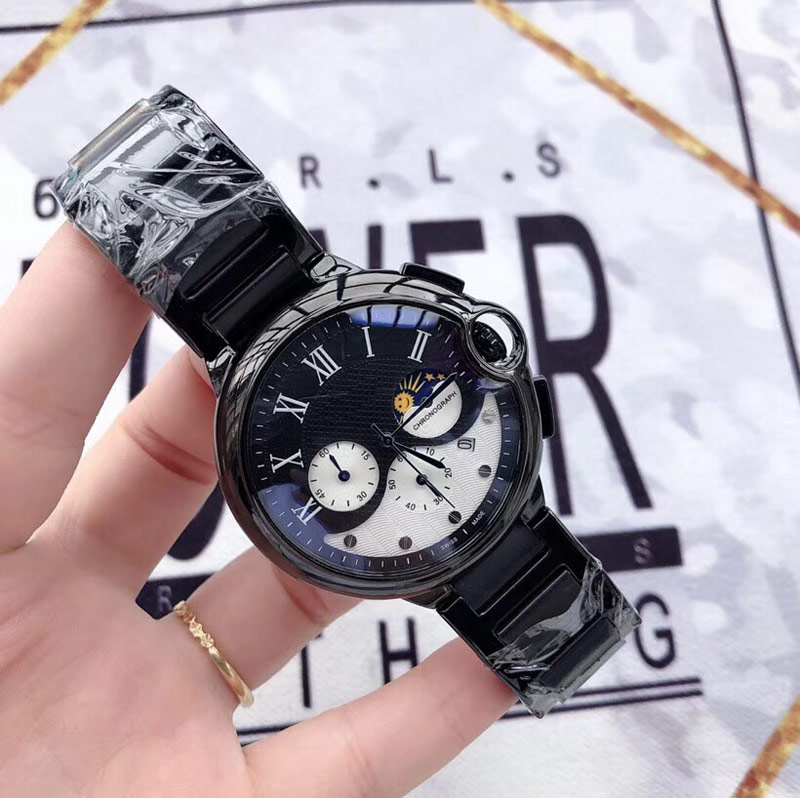 

All Sub-dials Work fashion Mens Watches Sports Chronograph Stopwatch Quartz Wristwatches Watch Top Stainless Steel band for men's gift