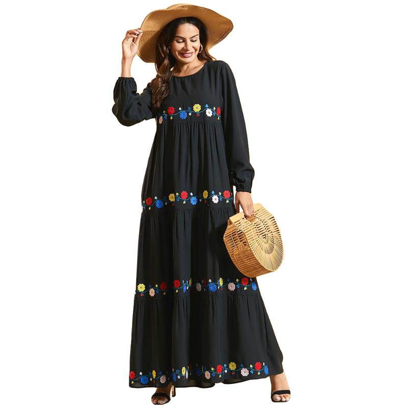 

Dubai Women Muslim Long Sleeve Maxi Dress Embroidery Kaftan Jilbab Islamic Pleated Prayer Dresses Ramadan Robe Gown Vintage New