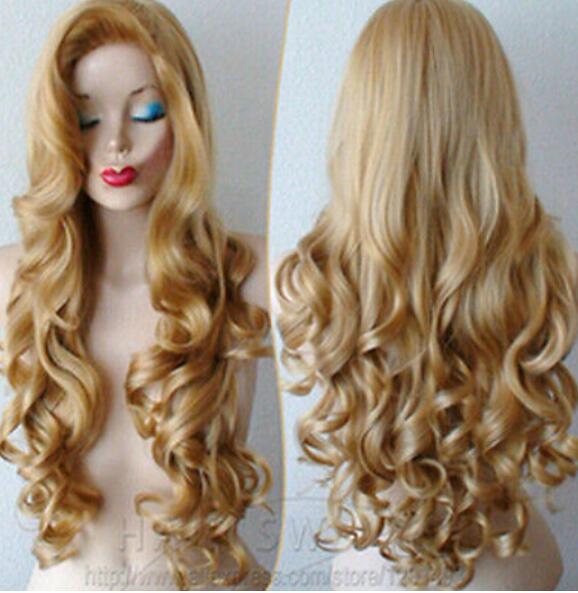 

FREE SHIPPING+ ++ Women's long curly golden blonde with inclined bongs synthetic hair cosplay wigs