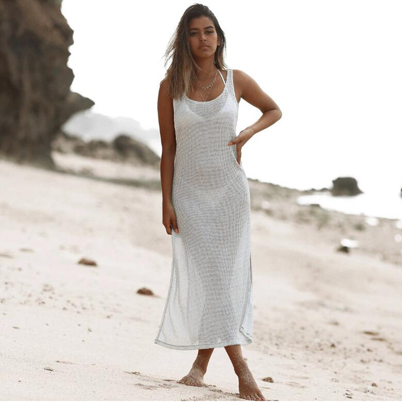 

Hollow Out Female Cover Ups Beach Dress Ladies Sleeveless Women Sexy Split Round Neck Loose Mesh Summer Dress