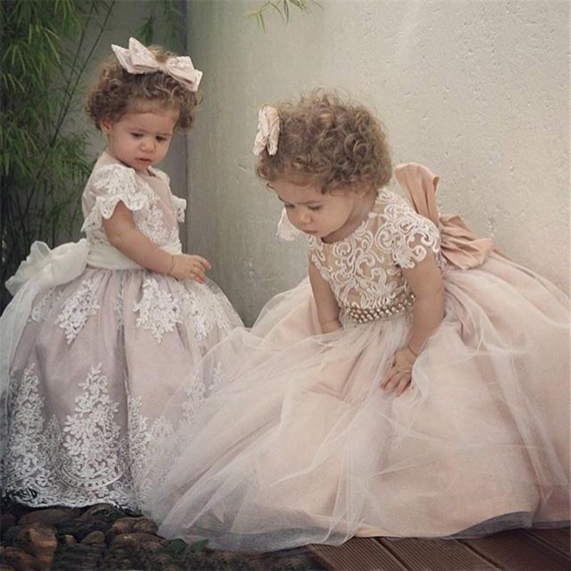 

Custom Made Flower Girl Dresses for Wedding A-Line Princess Tutu Sequined Appliqued Lace Bow 2019 Vintage Child First Communion Dress F014, Brown
