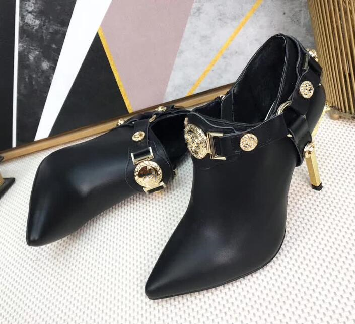 

2019 hot selling metal decorations high heel boots sexy pointed toe ankle boots woman black leather boots golden heel botas