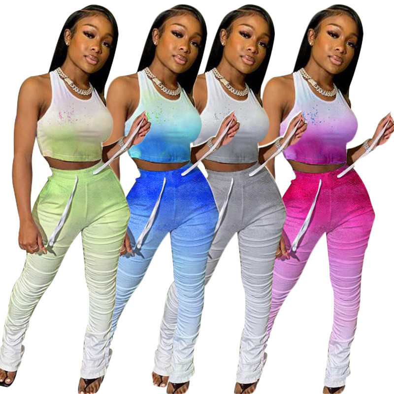 Gradient plissé Femmes Survêtements Slim d'été à encolure dégagée à manches courtes T-shirts avec des pantalons longs Womens Designer Pantalons S