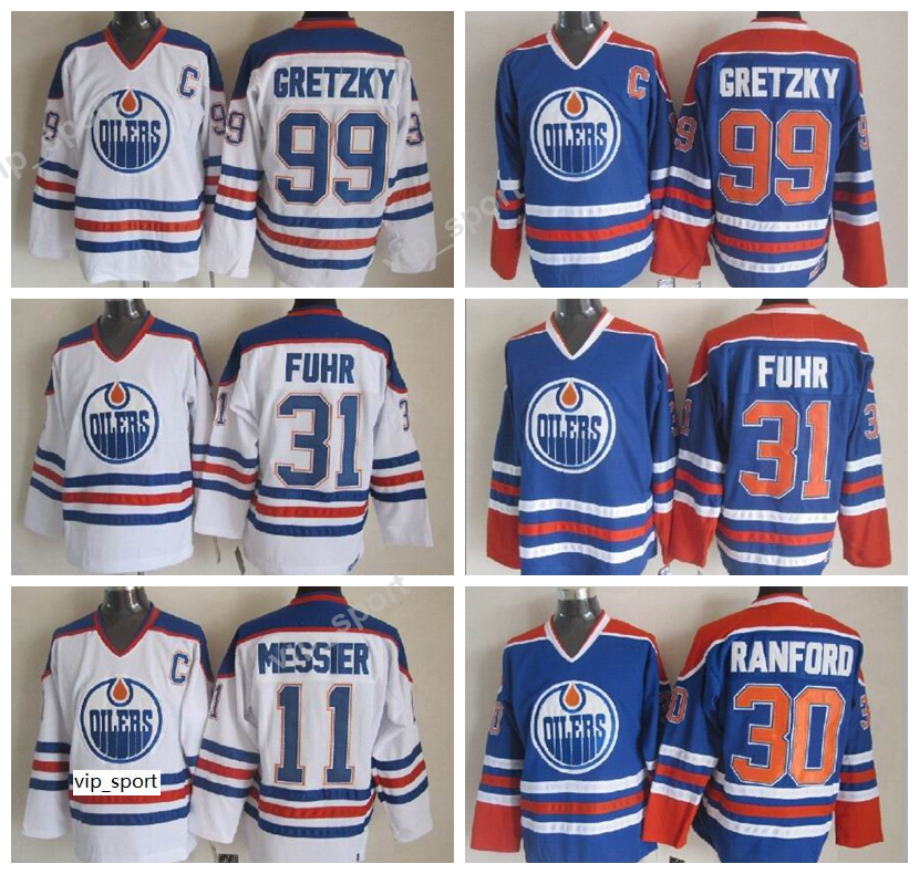 

31 Grant Fuhr Jersey Edmonton Oilers Hockey 30 Bill Ranford 11 Mark Messier 99 Wayne Gretzky Vintage Jerseys Stitched Blue White, 11 blue