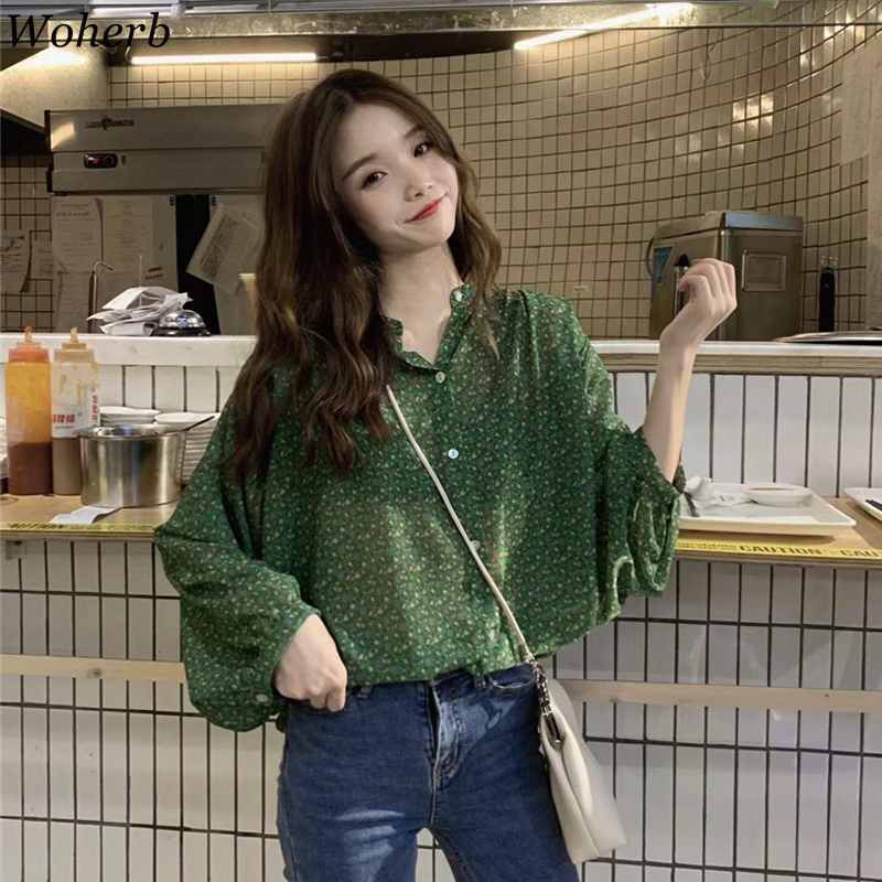 

Woherb Korean Fashion Women Blouses Chic Pring Floral Chiffon Blusas Mujer Elegant 2020 Ins Fashion Green Loose Shirts Tops