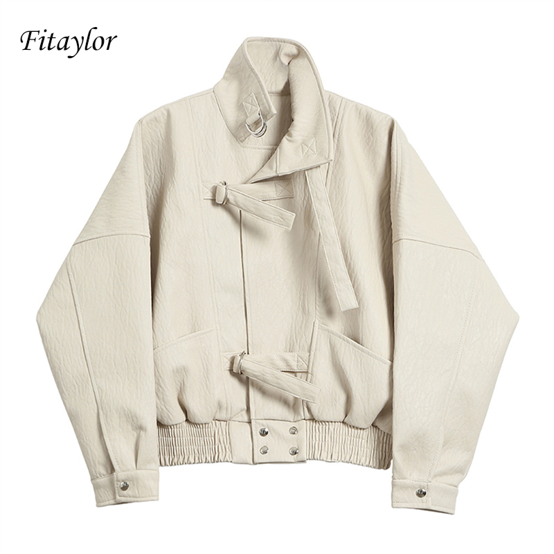 

Fitaylor 2019 New Women Street Faux Leather Jacket Fashion Casual Loose Batwing Sleeve Washed Pu Leather Coat Biker Jackets, Beige