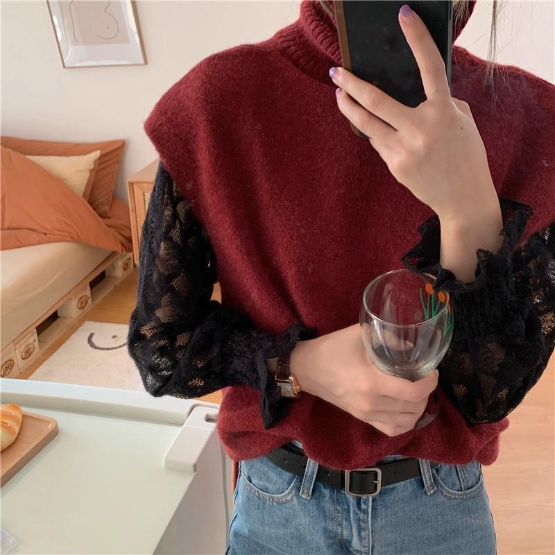 

Girls Turtleneck Pullover Vest Sweater Short Knitted Women Sweaters Vest Casual Sleeveless Warm Sweater, Brown