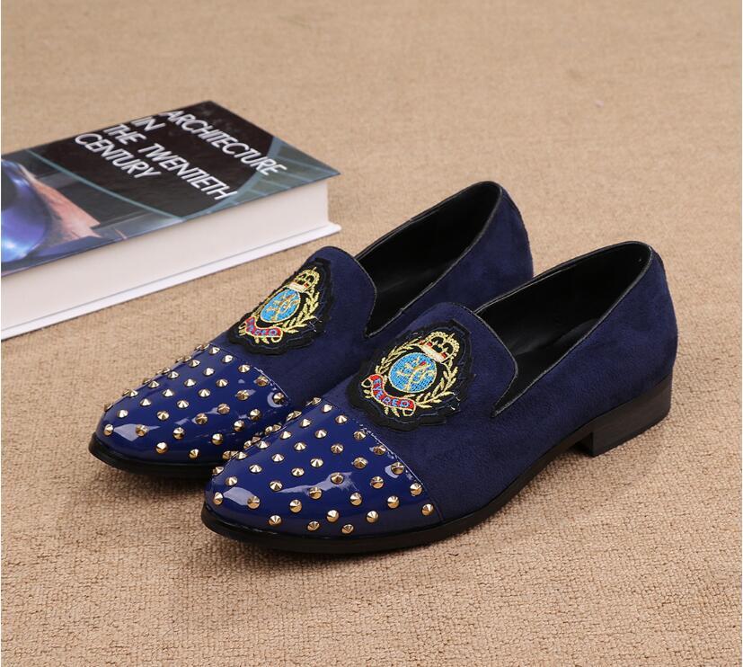 

Men's embroidery Wedding Party Shoes Fashion Spikes Man Loafers Rivets Glitter Casual Driving Shoes Mens Flats Black Gold 38-46, Blue