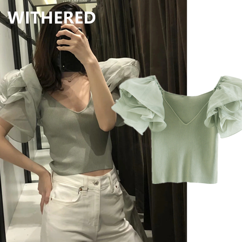 

Withered 2020 ins fashion blogger high street gauze splcing knitted sexy short sweaters women pull femme pullovers crop tops, Light green
