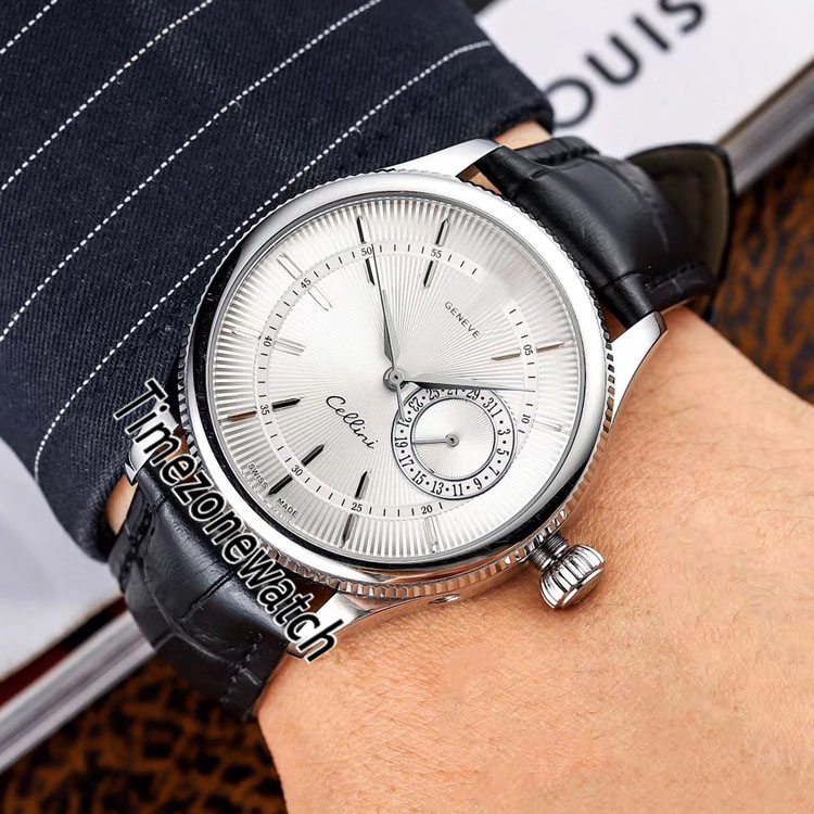 

New Cellini M50519 Miyota 8215 Automatic Mens Watch Fluted Steel Bezel Silver Texture Dial Black Leather Watches Timezonewatch E149a1, Extra strap