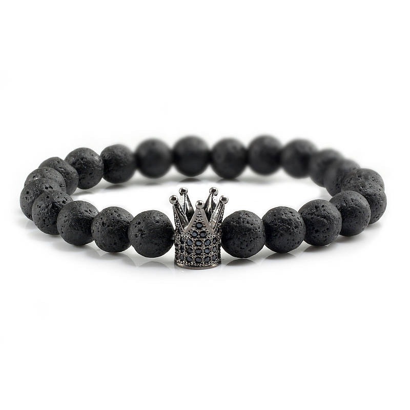 

Hot Trendy Lava Rock Stone Pave CZ Imperial Crown Charm Bracelet For Men Women Distance Beaded Bracelet Jewelry Pulseira hombres