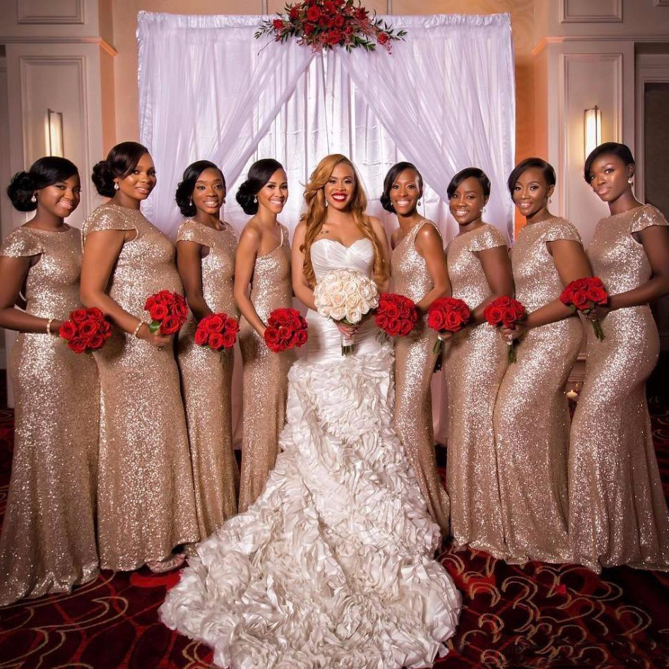 

Rose Gold Sequined Long Bridesmaid Dresses Jewel Short Capped Sleeves Mermaid Party Gowns Sweep Train Maid of Honor Gowns Custom Made