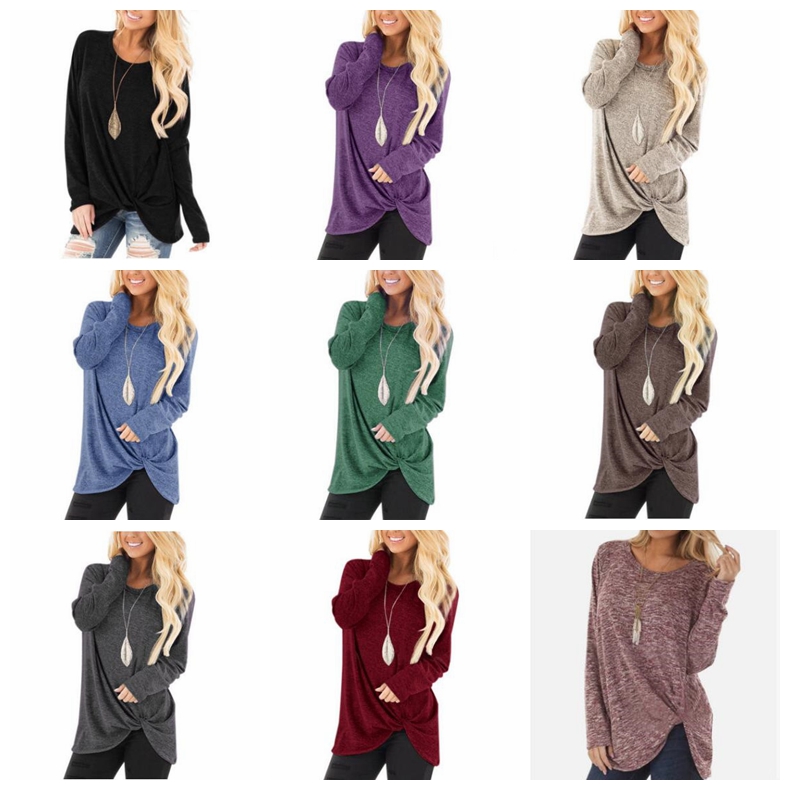 

Women Solid Long Sleeve Shirt Knotted T-shirts Twist Casual Irregular Blouse Fashion Loose Tops European America Tank Women Clothes D6998, Mixed colors;random delivery