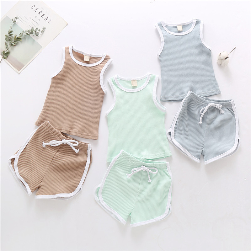 

2020 Toddler Baby Boys Girls Summer Clothes Newborn Kids Baby Ribbed Knitted Sleeveless T-shirts+Shorts Children Tracksuits Sets