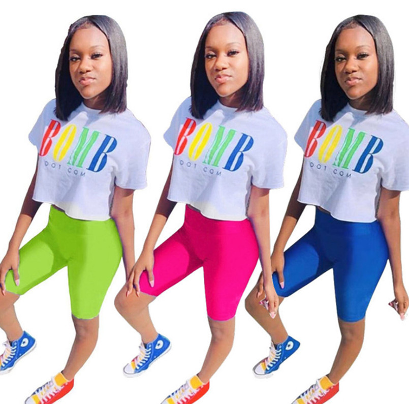

Women casual tracksuit letter 2 piece set short sleeve crop top bodycon mini shorts designer summer clothing sportswear running suit 1015, Pink