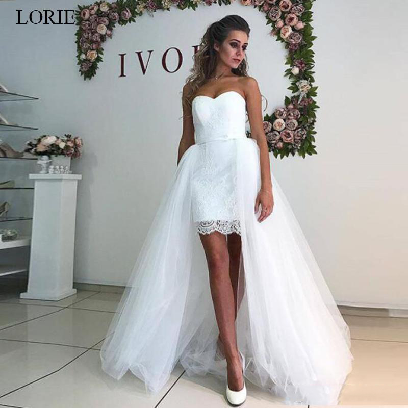 

Custom Made Hi-Lo Strapless Lace Wedding Dresses with Sash Sweetheart Neck Sweep Train Beach Wedding Bridal Gowns, White