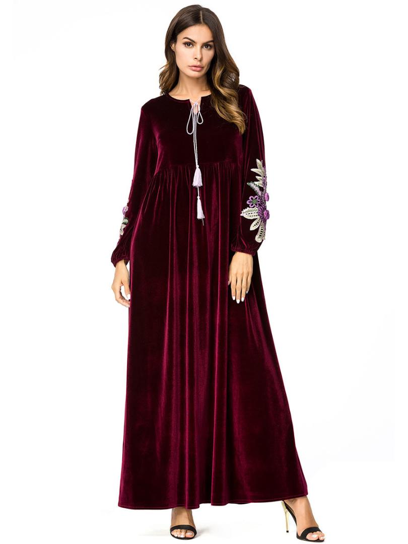 

2019 Autumn Islamic Dress Abaya Muslim Moroccan Kaftan Arabic Robe Musulmane Velvet Long Sleeve Turkish Caftan Dubai Arab 7216