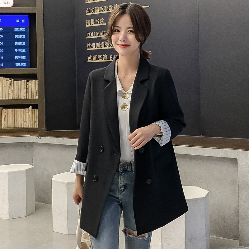

2020 Autumn New Korean Version Small Suit Loose Wild Long-sleeved Female Women Jacket Casual Fashion Business Blazer -XL, Black